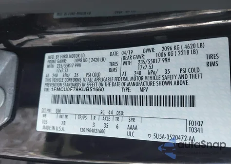 2019 Ford Escape S from USA, damaged, VIN 1FMCU0F79KUB51660